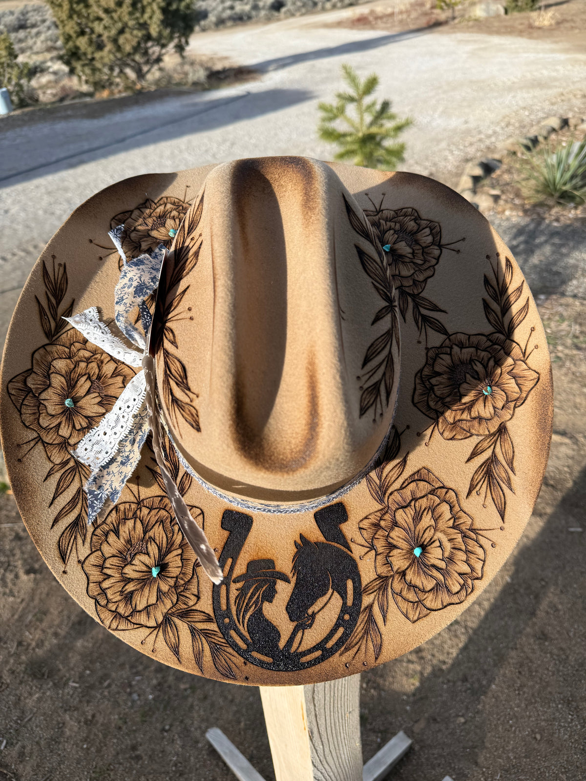 HANDMADE ORIGINAL. Fleck N Farms hand burned western hat. Wild Longhorn - Hand Burned Hat – KMK Customs Co main image 4
